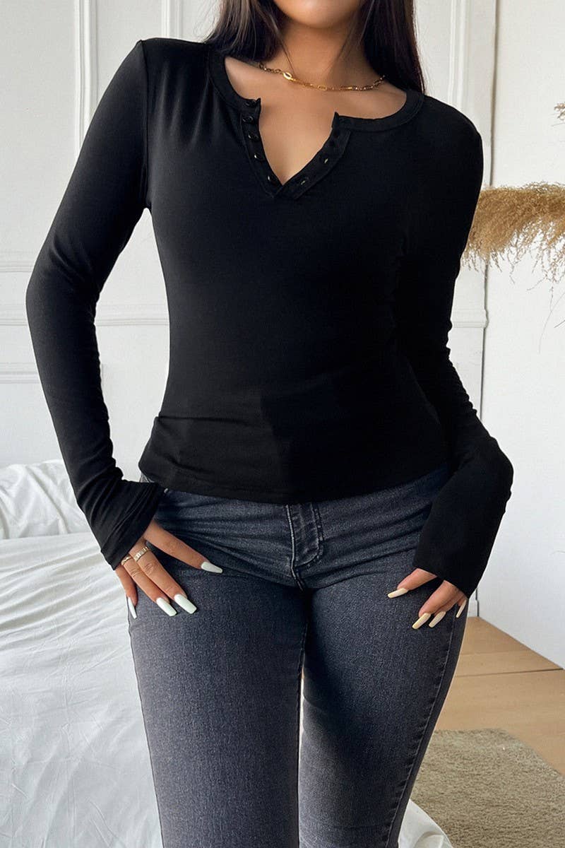 CWTTL1813_SLIM FIT V-NECK BUTTON LONG SLEEVE T-SHIRT