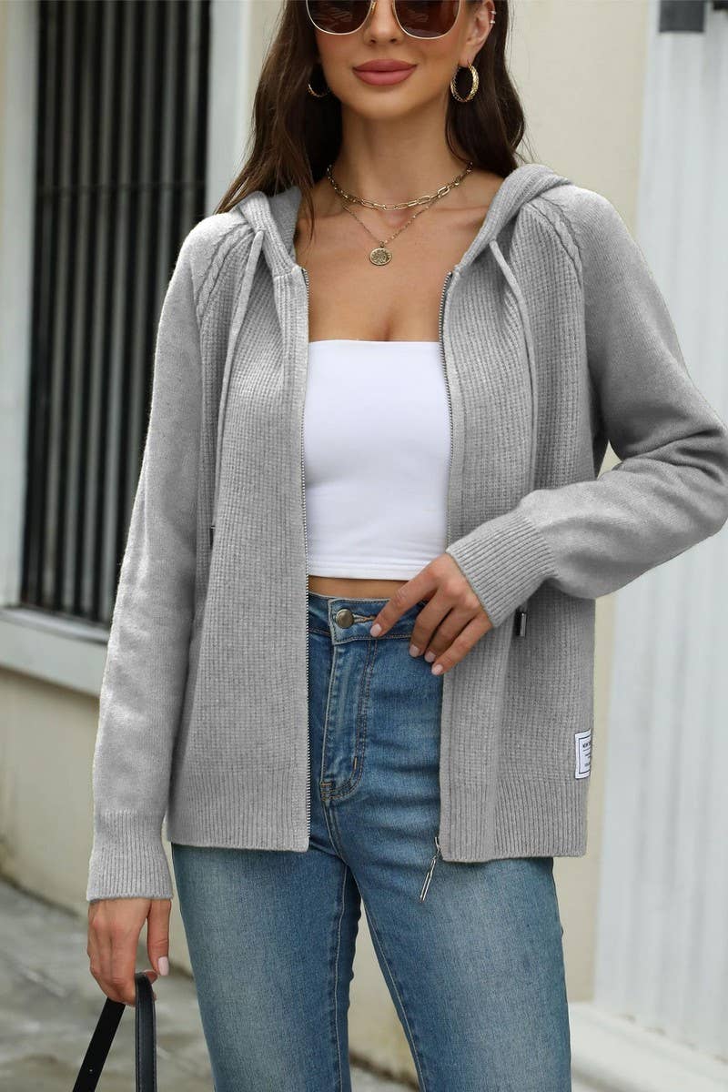 CWOCAL1615_HOODED DRAWSTRING ZIPPER KNIT CARDIGAN