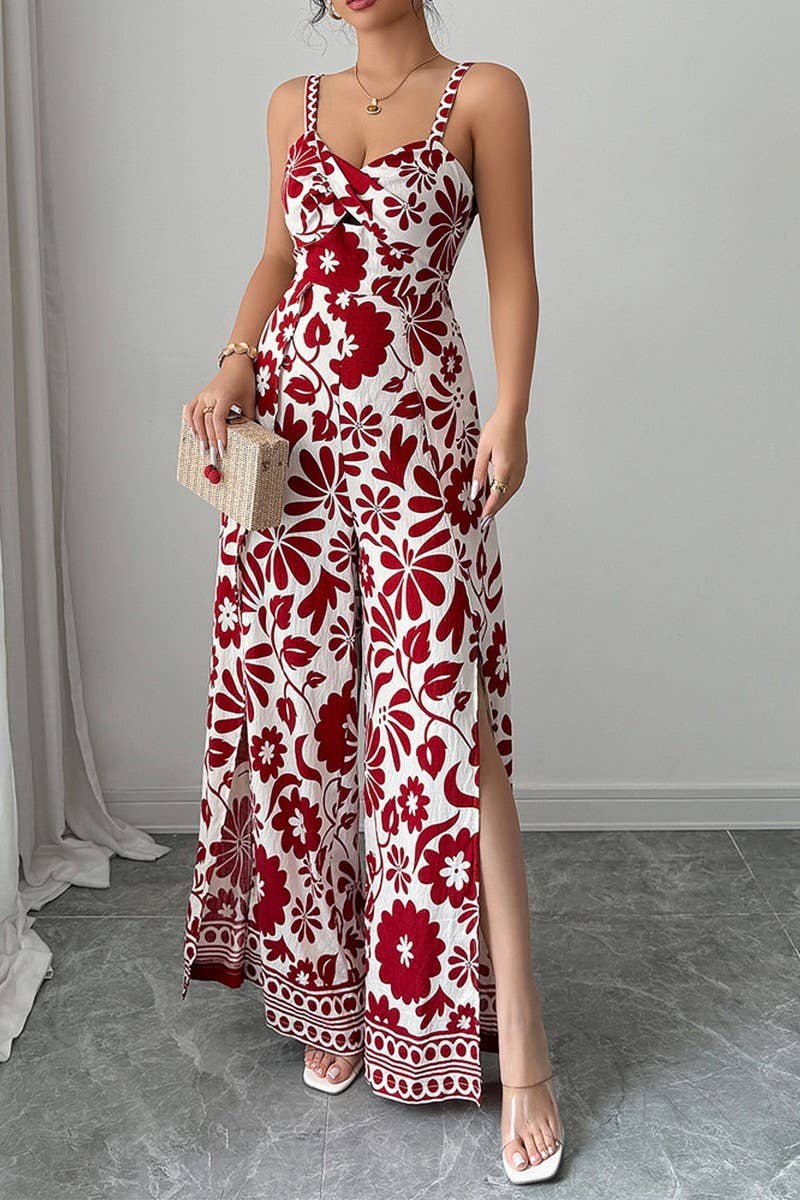 CWDHL0890_ELEGANT TWISTED PRINT SUSPENDERS WIDE-LEG JUMPSUIT