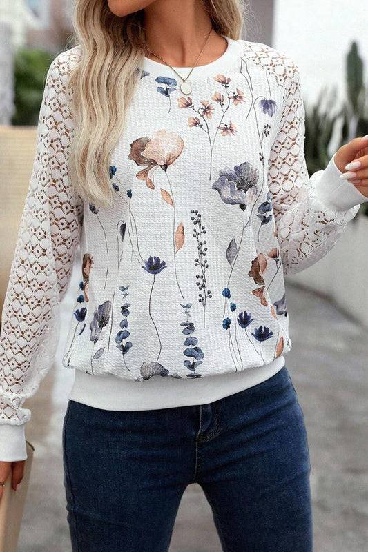 CWTBLL3547_WAFFLE FLORAL PRINT LACE LONG-SLEEVED TOP