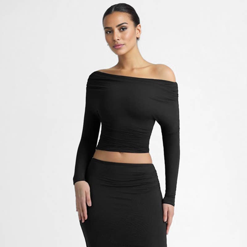 DIAGONAL NECK PLEATED WAIST SOLID COLOR T-SHIRT