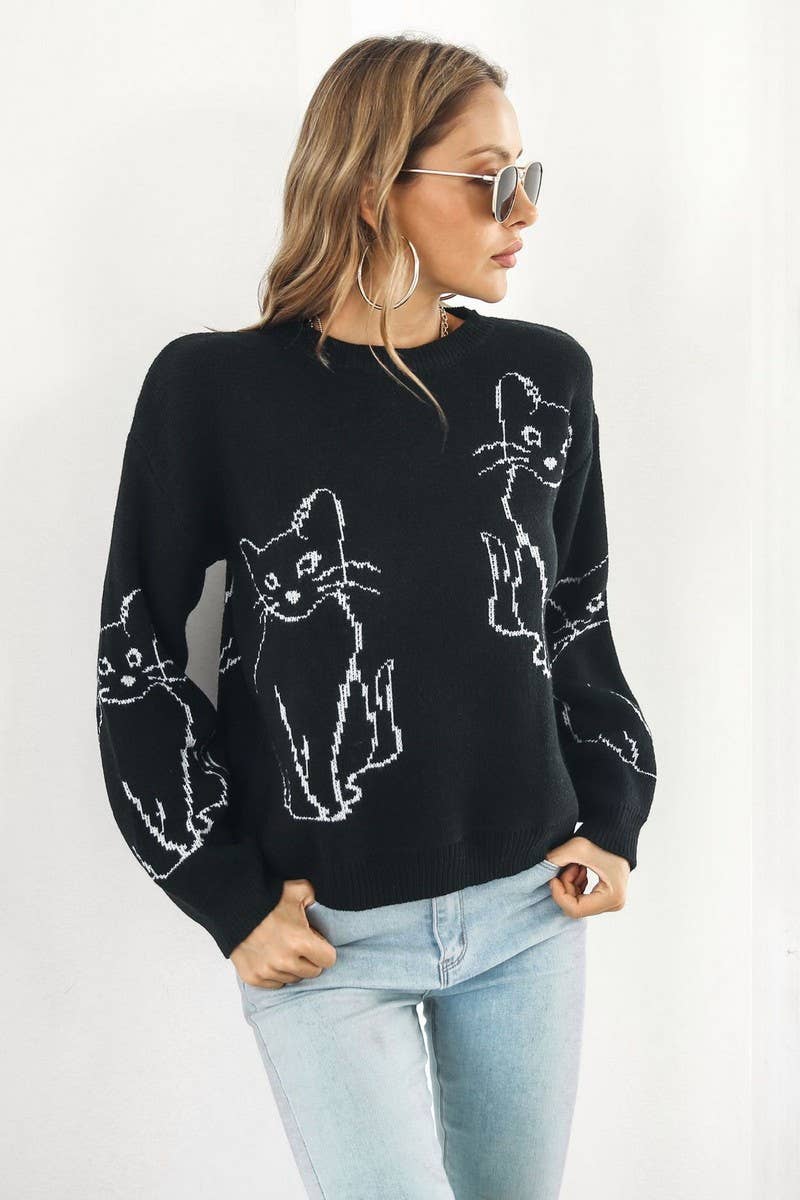 CWOSWL3840_CAT JACQUARD LONG-SLEEVED PULLOVER SWEATER