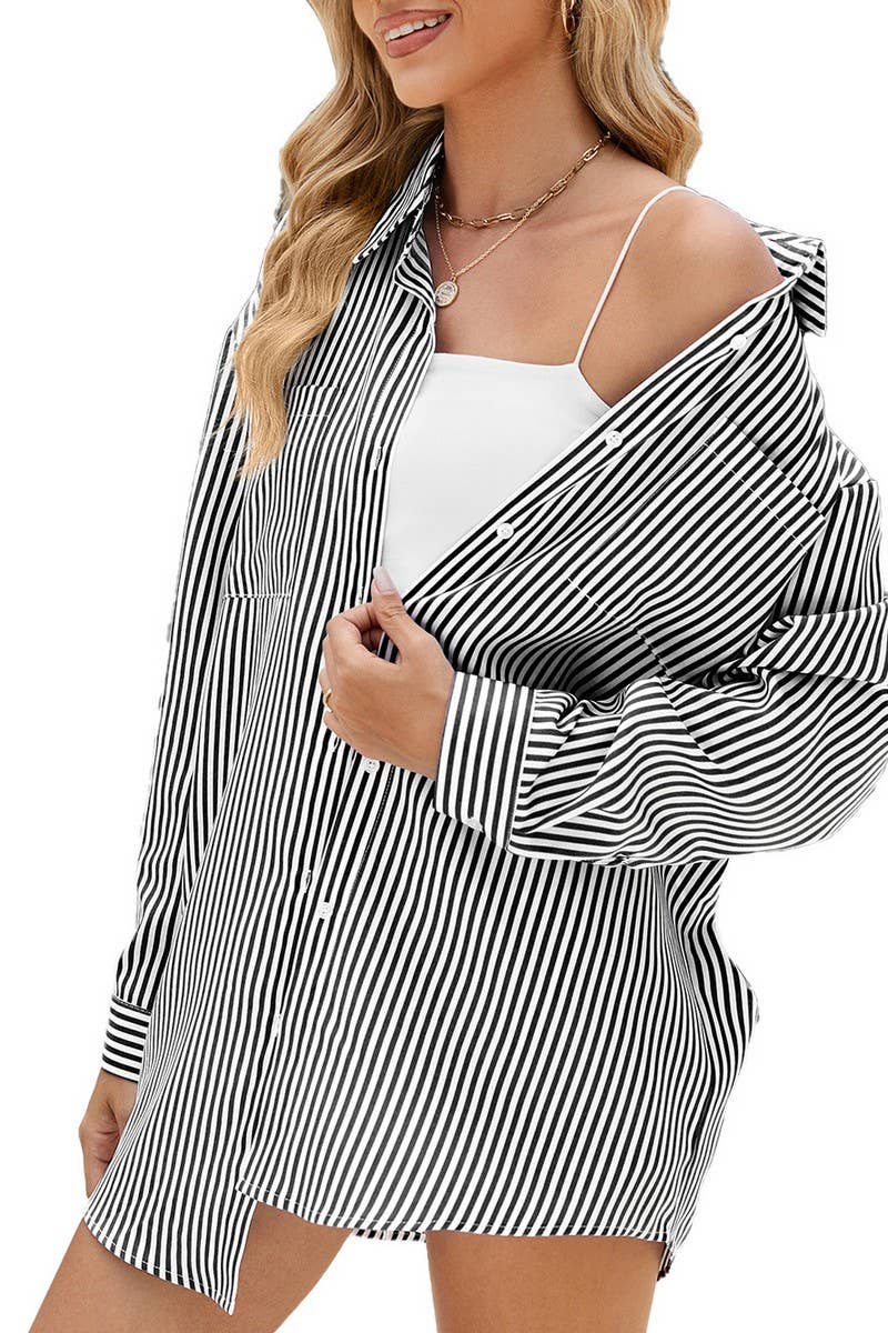 CWTSTL2064_LAPEL BUTTON CASUAL STRIPED LONG SLEEVE SHIRT