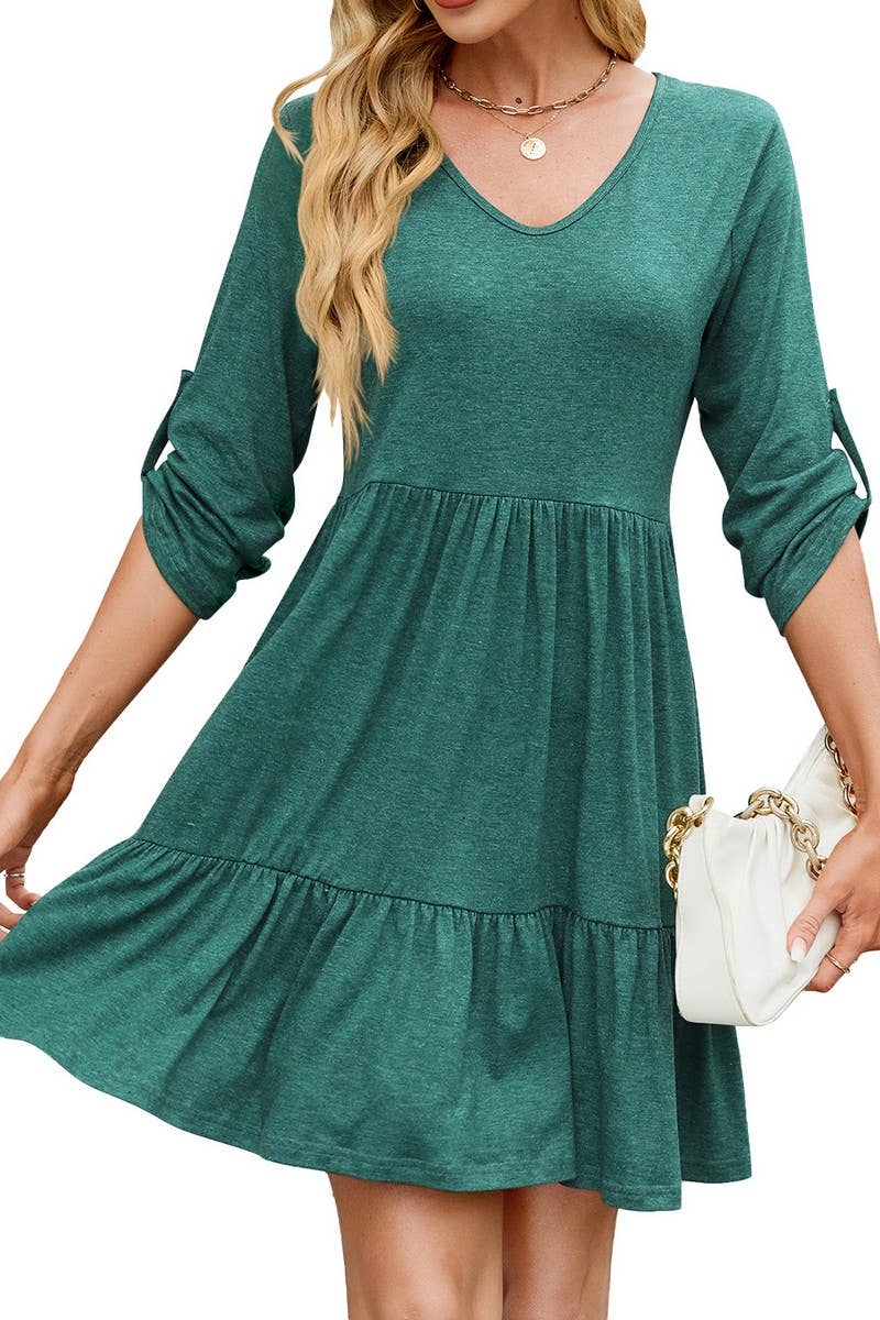 CWDSD8726_SOLID V-NECK BUTTON CASUAL DRESS