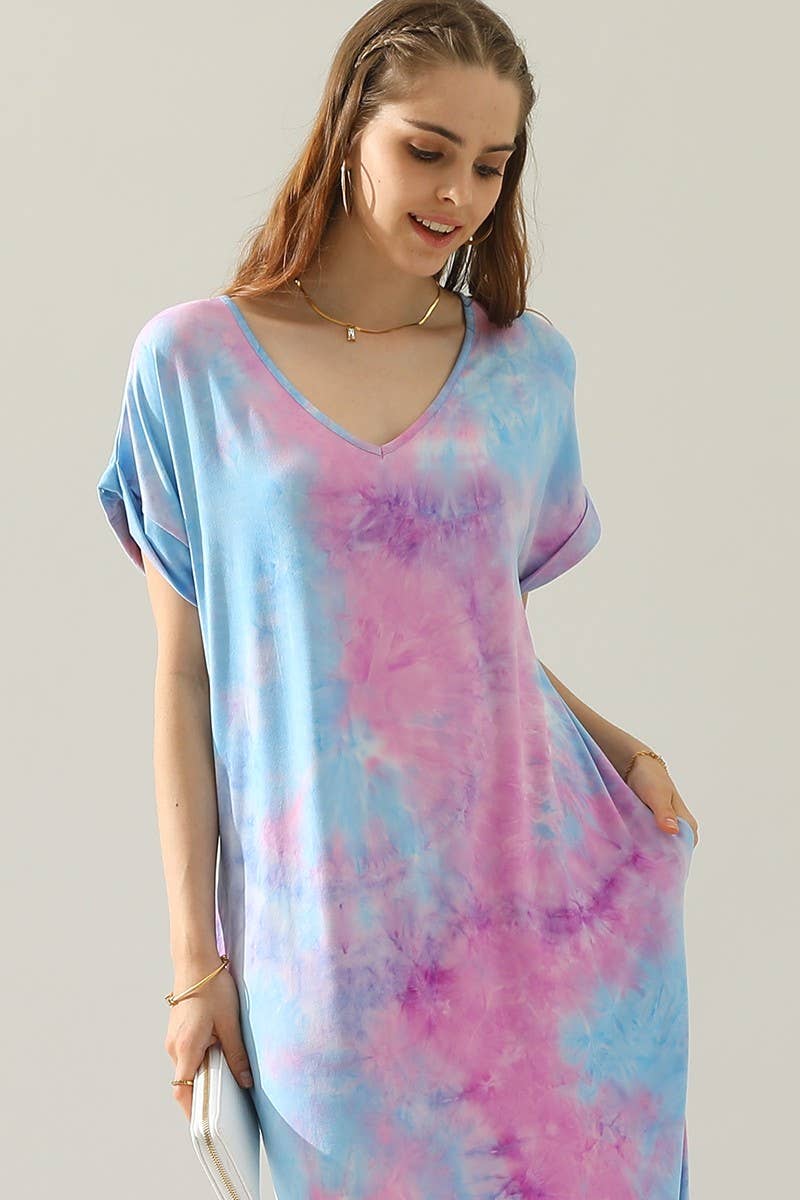 CWDMD820_SHORT SLEEVE V-NECK MAXI DRESS WITH SIDE SLIT