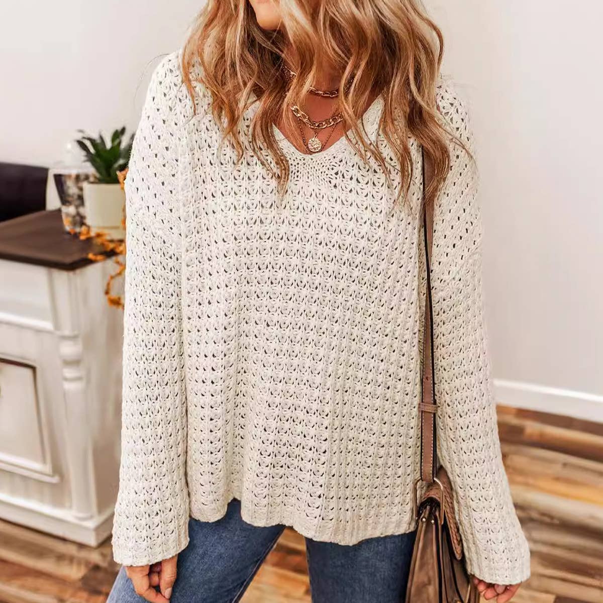 Casual design sense hollow-out pullover sweater