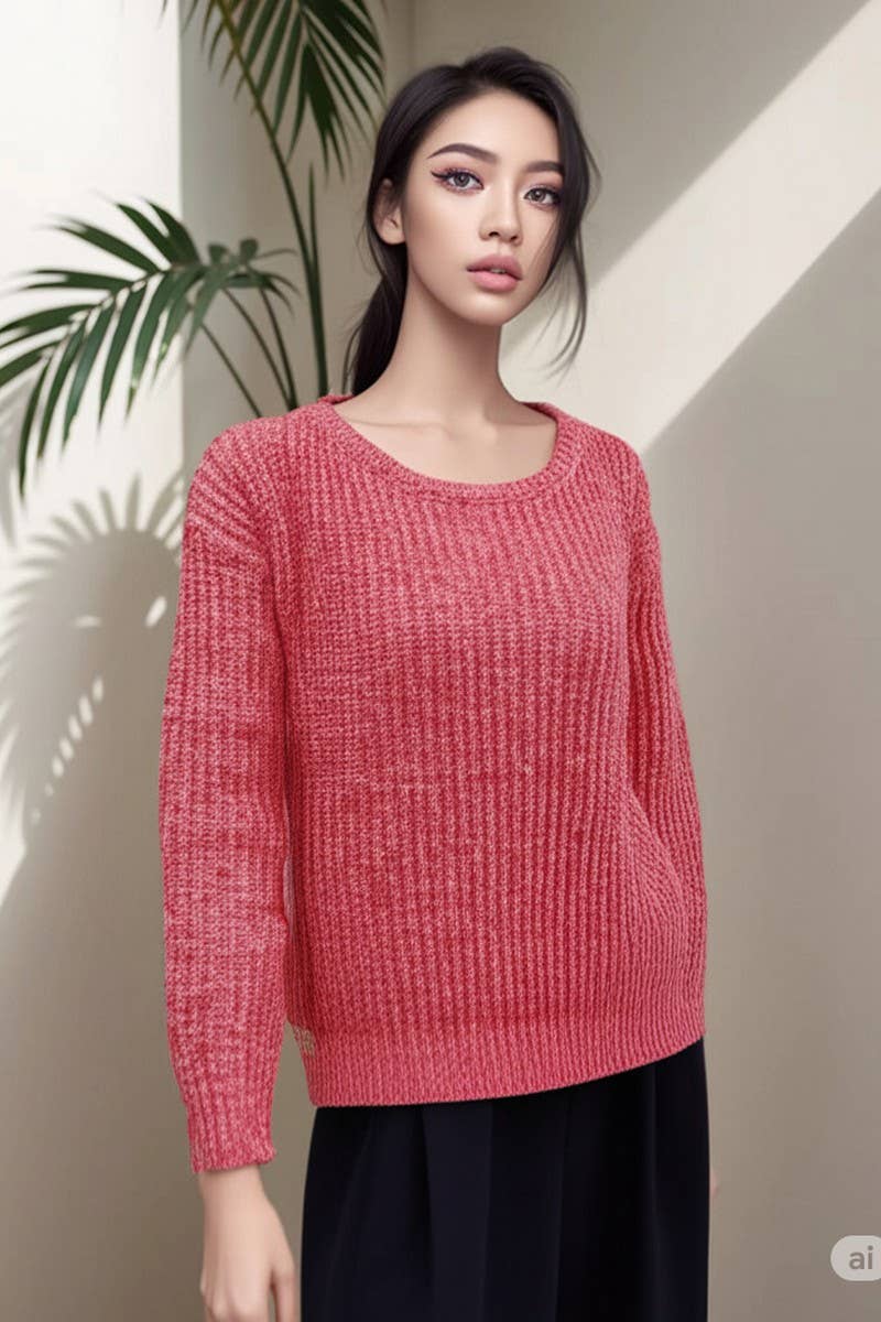 CWOSWL07669_SOLID COLOR ROUND NECK LOOSE PULLOVER SWEATER