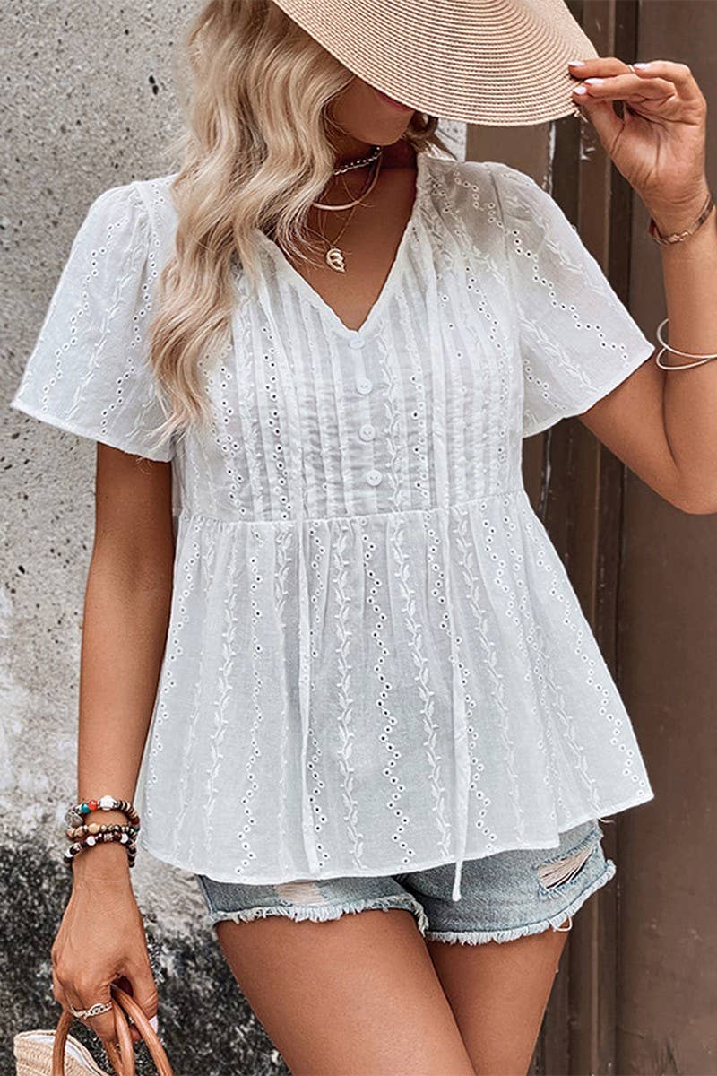 CWTBLS1553_V-NECK LOOSE CASUAL WHITE JACQUARD TOP