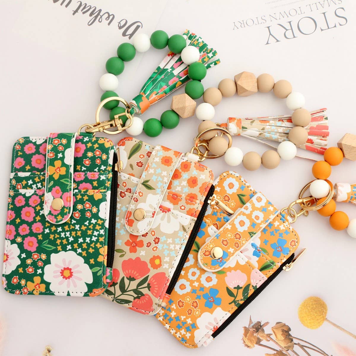 Floral Print PU Wallet with Silicone Bead Keychain_CWAB4930