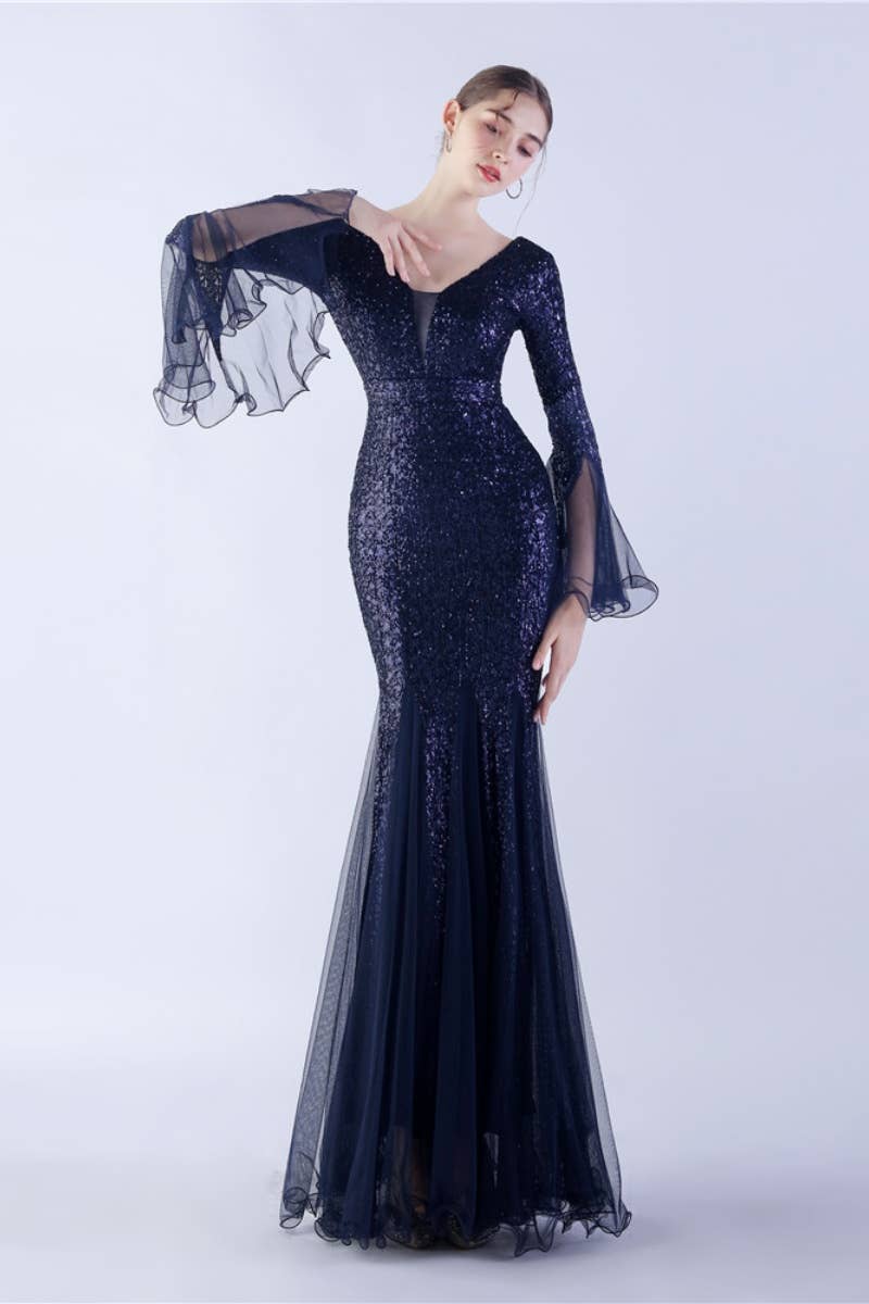 CWDMD3627_WAVY MESH BANQUET STAGE SEQUIN DRESS DRESS LONG