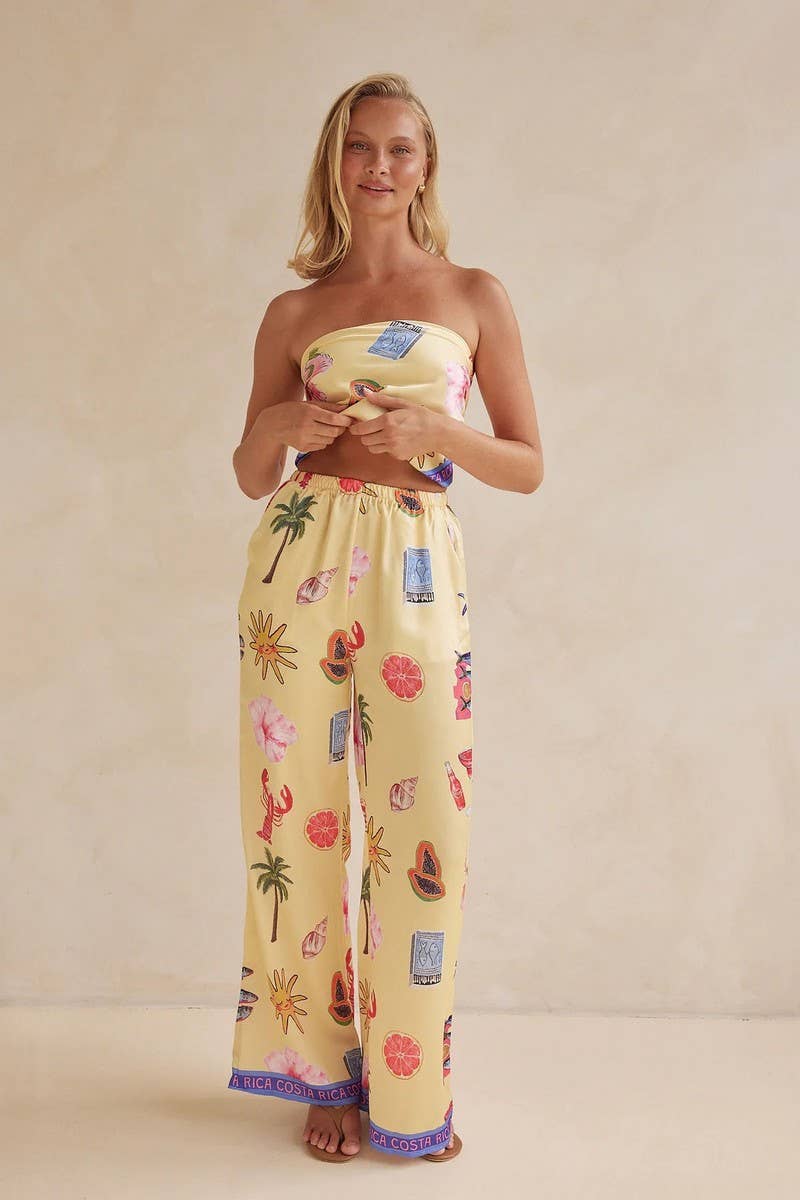 CWSJS1740_FLORAL STRAPLESS CROP TOP WITH WIDE LEG PANTS SET