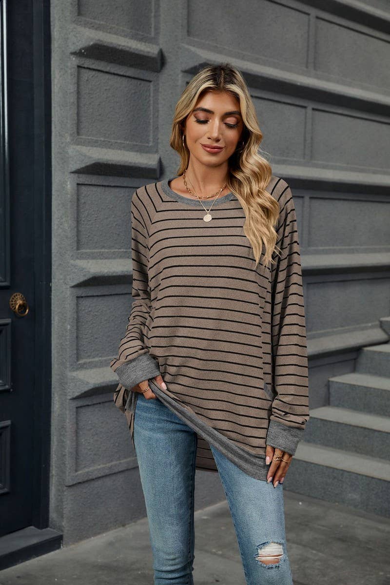CWTBLL2360_STRIPED CONTRAST POCKET MID-LENGTH SWEATSHIRT