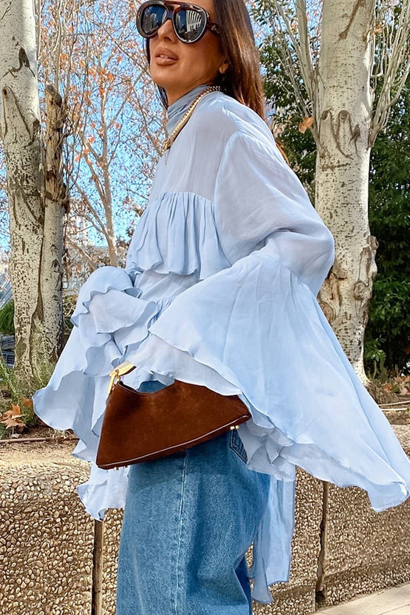 CWTBLL00604_SOLID COLOR RUFFLED ELEGANT COMMUTER SHIRT