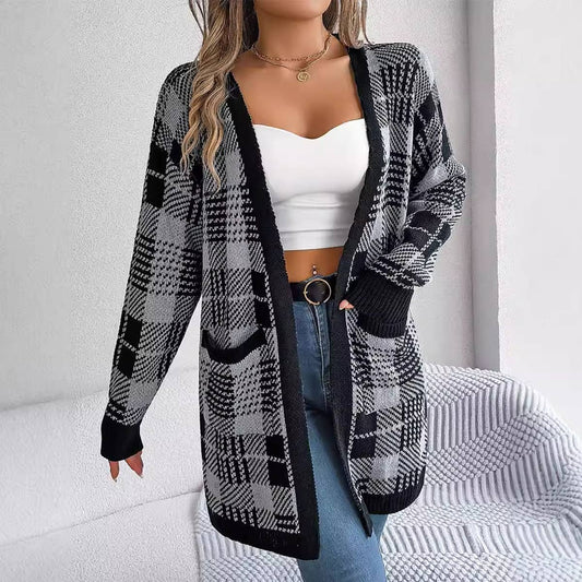 CASUAL COLOR CONTRAST PLAID POCKET CARDIGAN COAT