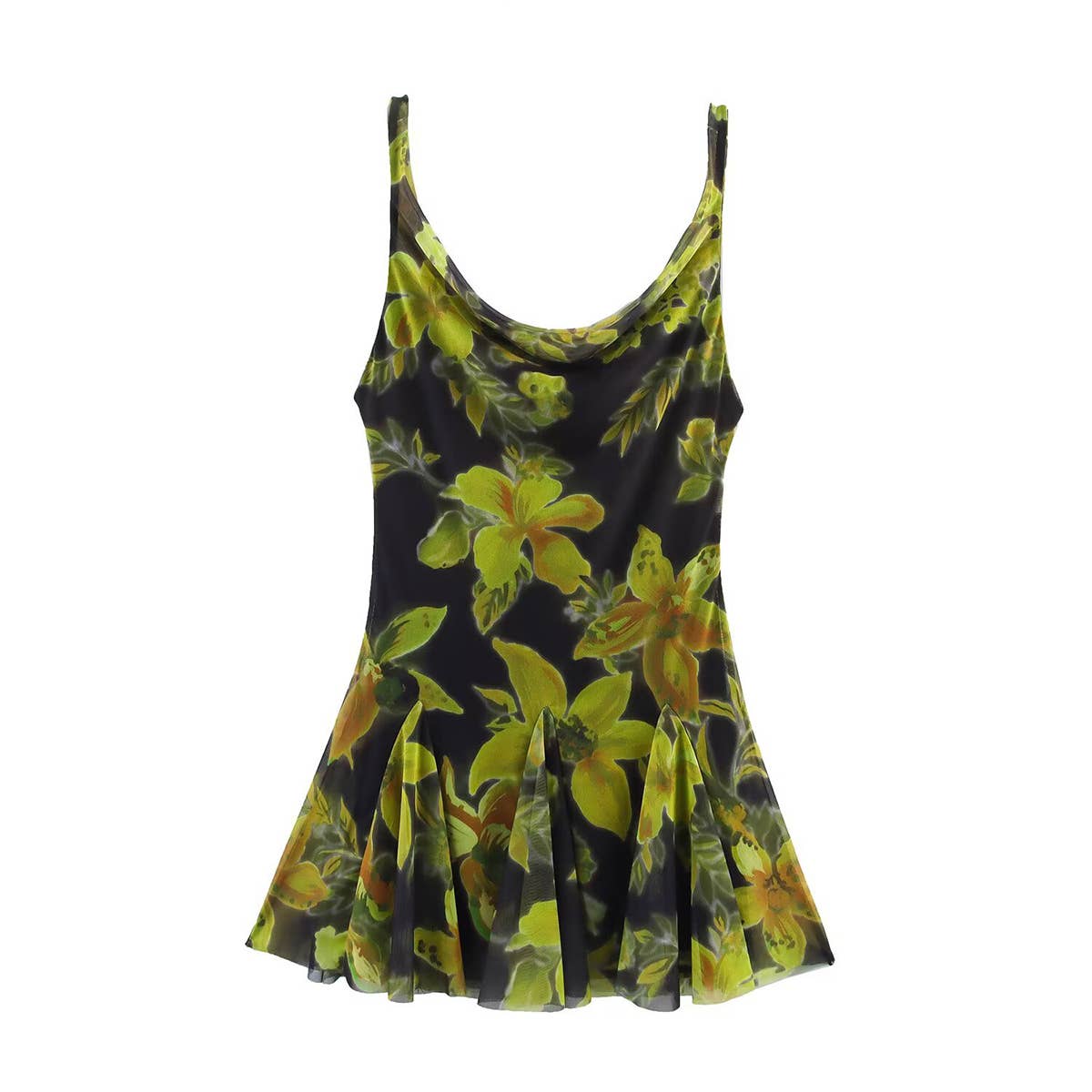 Cinched waist printed mesh short halter dress