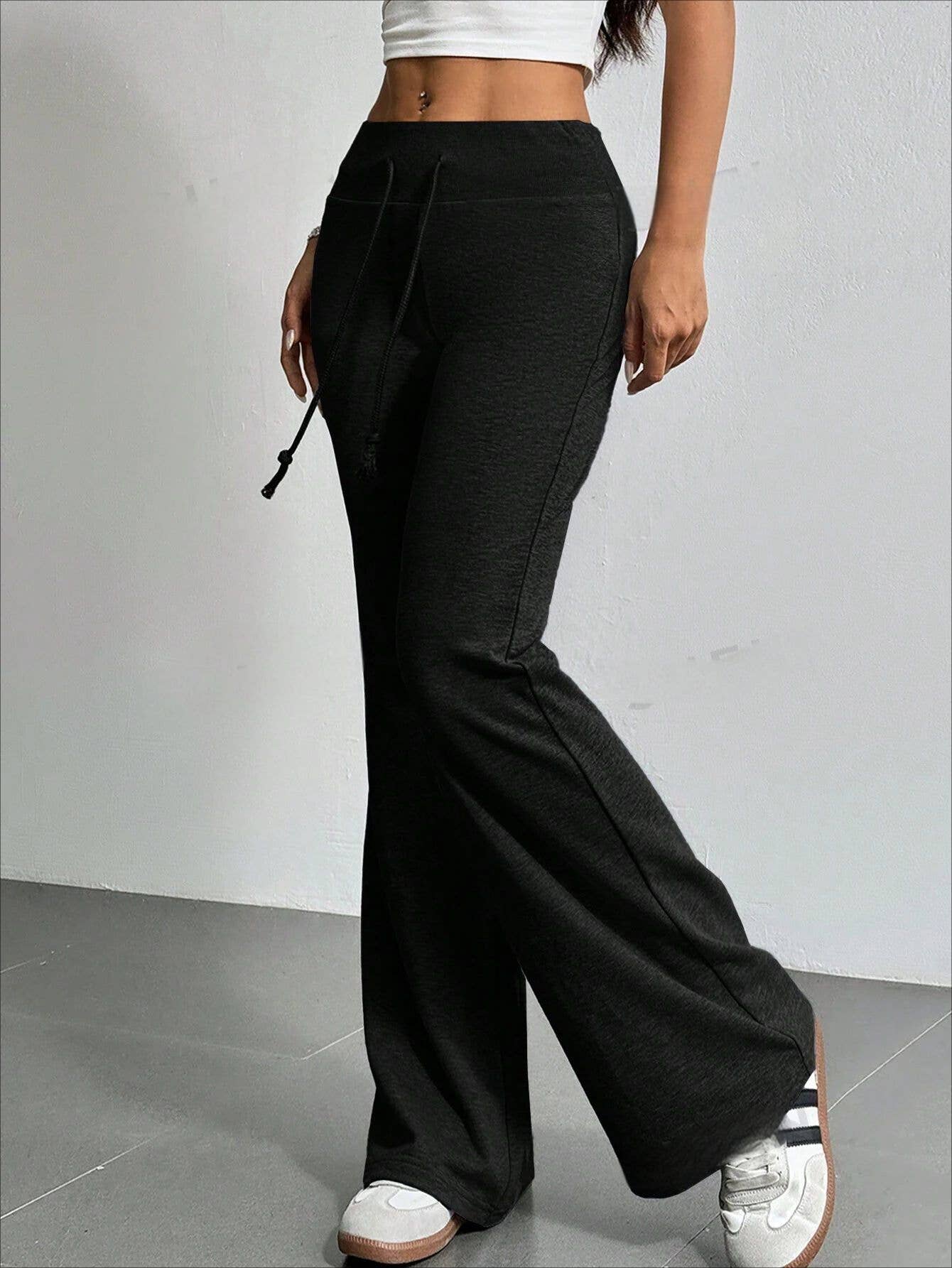 DRAWSTRING HIGH-WAISTED SOLID COLOR BELL BOTTOMS