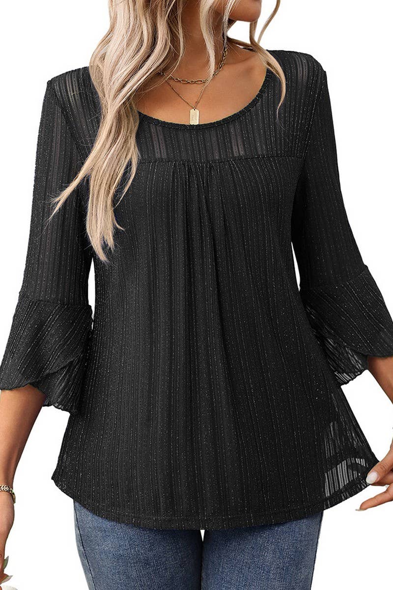CWTBLL3696_ROUND NECK RUFFLE SLEEVE GLITTER MESH TOP