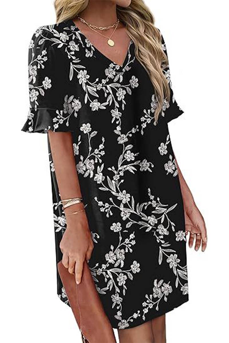 CWDSD8811_V-NECK TRUMPET SLEEVES POCKET SHORT SLEEVE DRESS