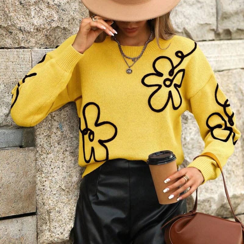 Flower-patterned round-neck knitted sweater