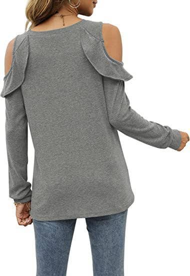 CREW-NECK, OFF-SHOULDER, RUFFLED CASUAL SWEATER