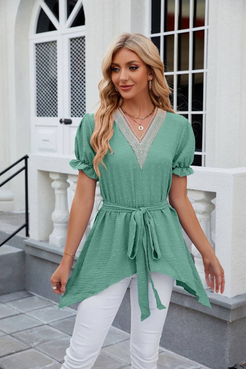 CWTBLS0445_V-Neck Short Sleeve Lace Trim Top