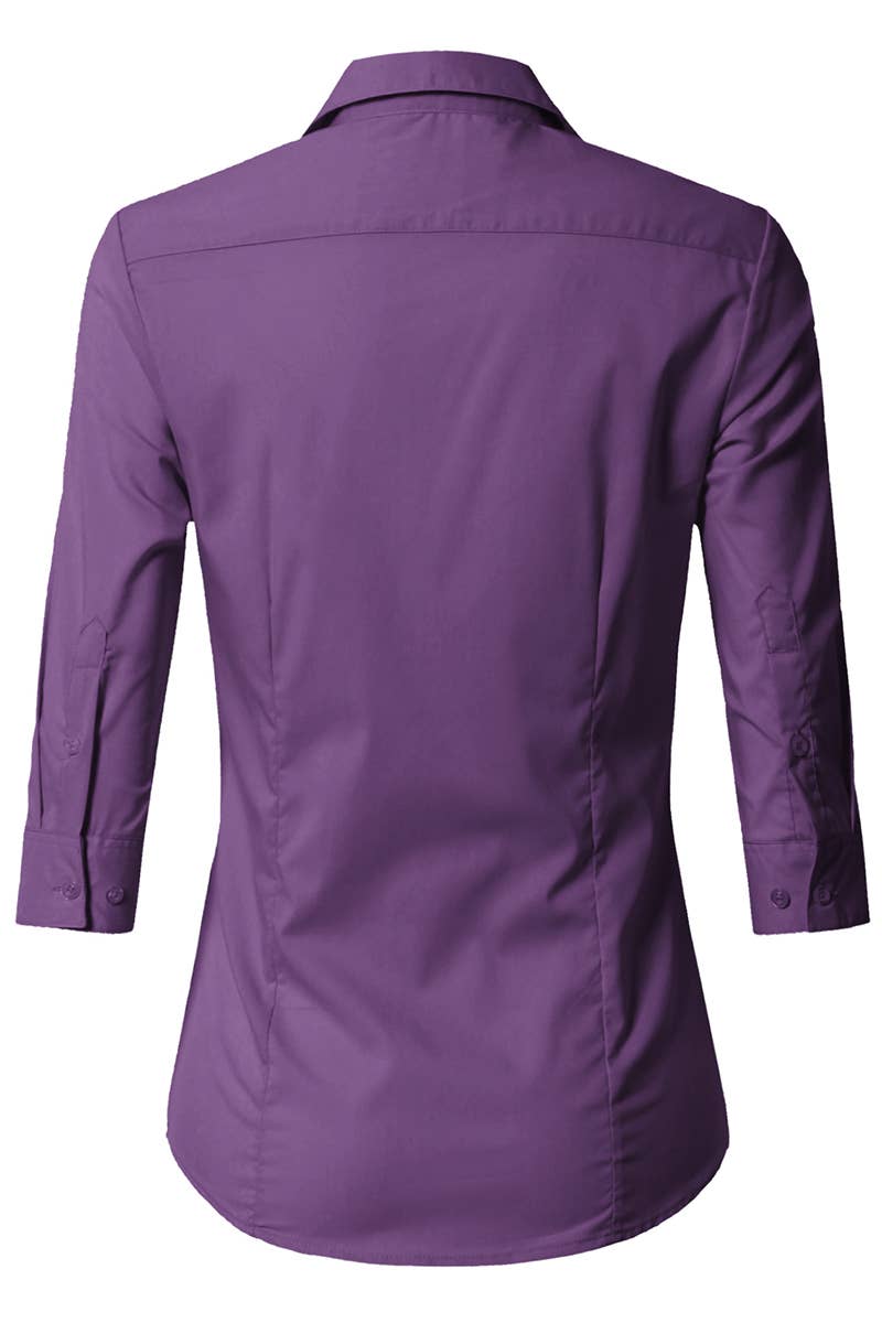 CWTSTS116_Basic Slim Fit Simple 3/4 Sleeve Button Down Shirt