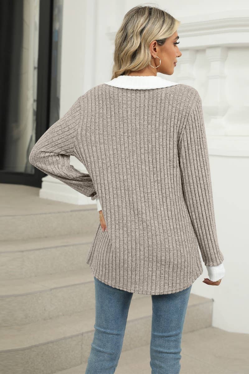 CWOSWL6610_WINTER V-NECK LONG-SLEEVED LAPEL SWEATER