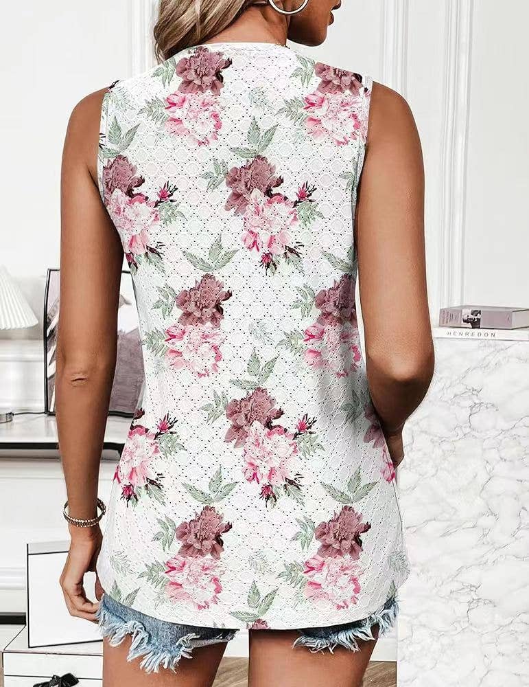 Crew-neck printed solid color hollow-out vest