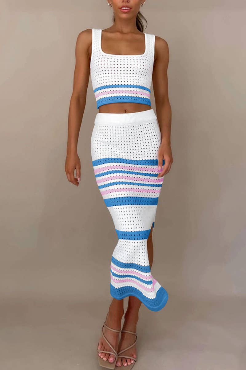 CWSS0493_SLEEVELESS STRIPED TOP BODYCON LONG SKIRT SUIT