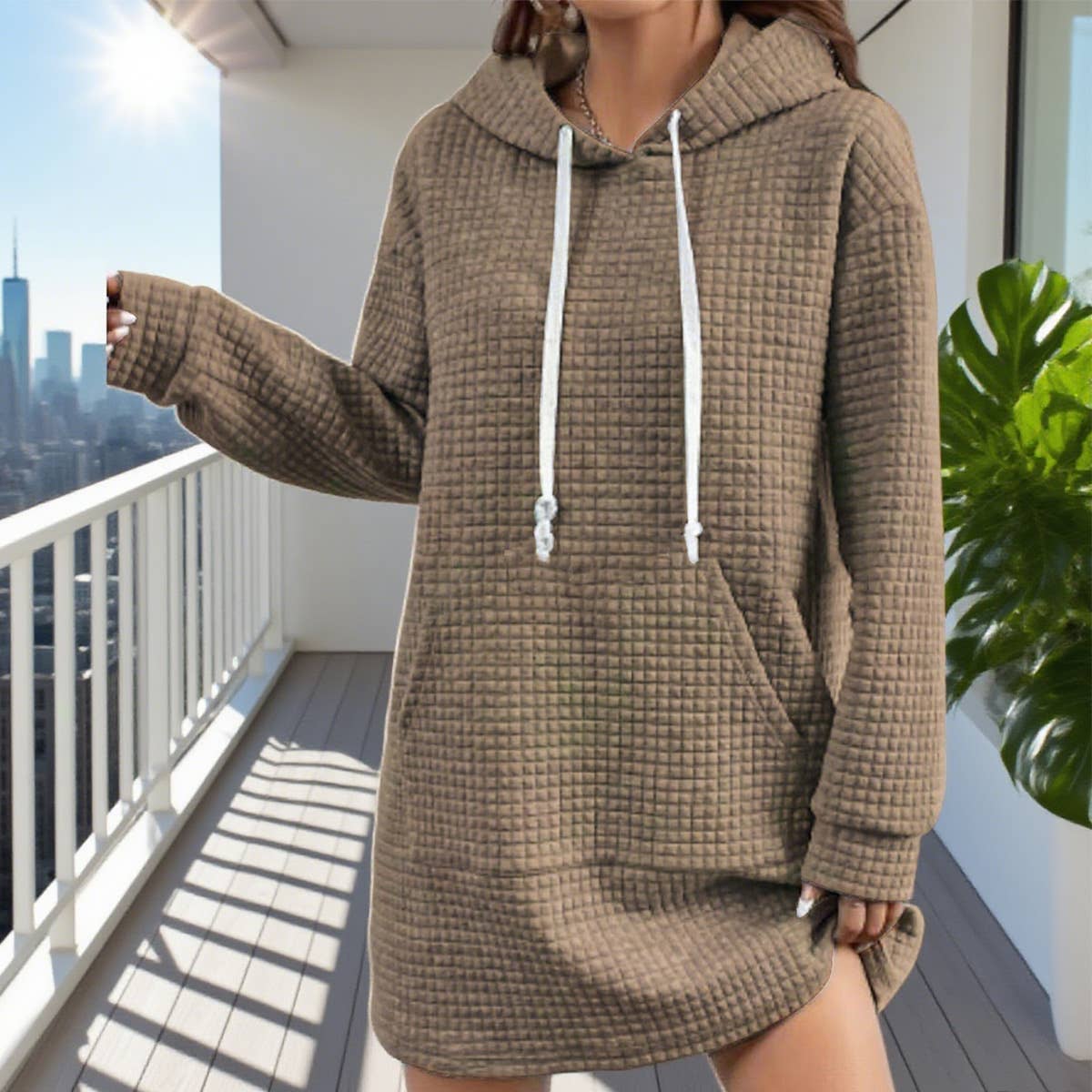 Casual hooded Waffle sweatshirt dress