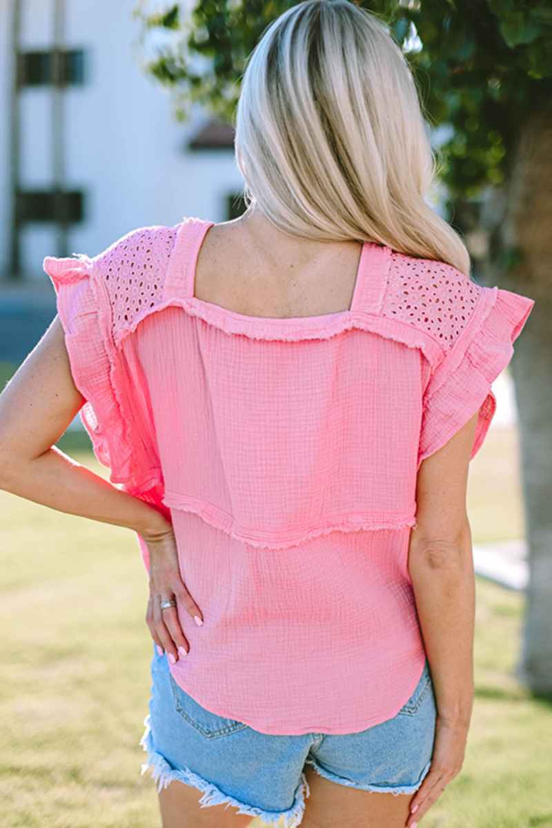 CWTBLSL0517_U-NECK RUFFLED SLEEVELESS PATCHWORK TANK TOP