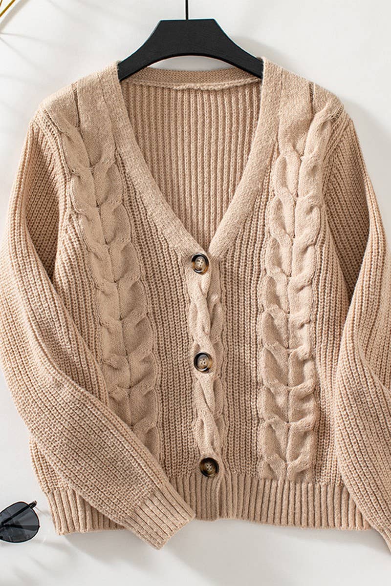 CWOCAL0837_SOLID COLOR SINGLE-BREASTED CABLE KNIT CARDIGAN