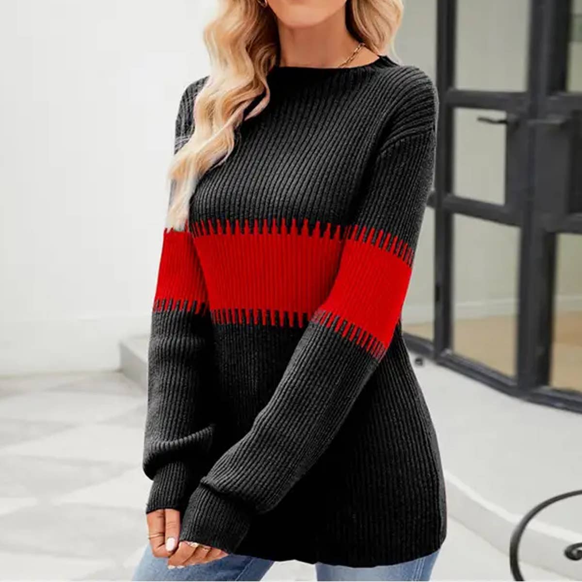 COLOR CONTRAST PATCHWORK HALF-TURTLENECK SWEATER