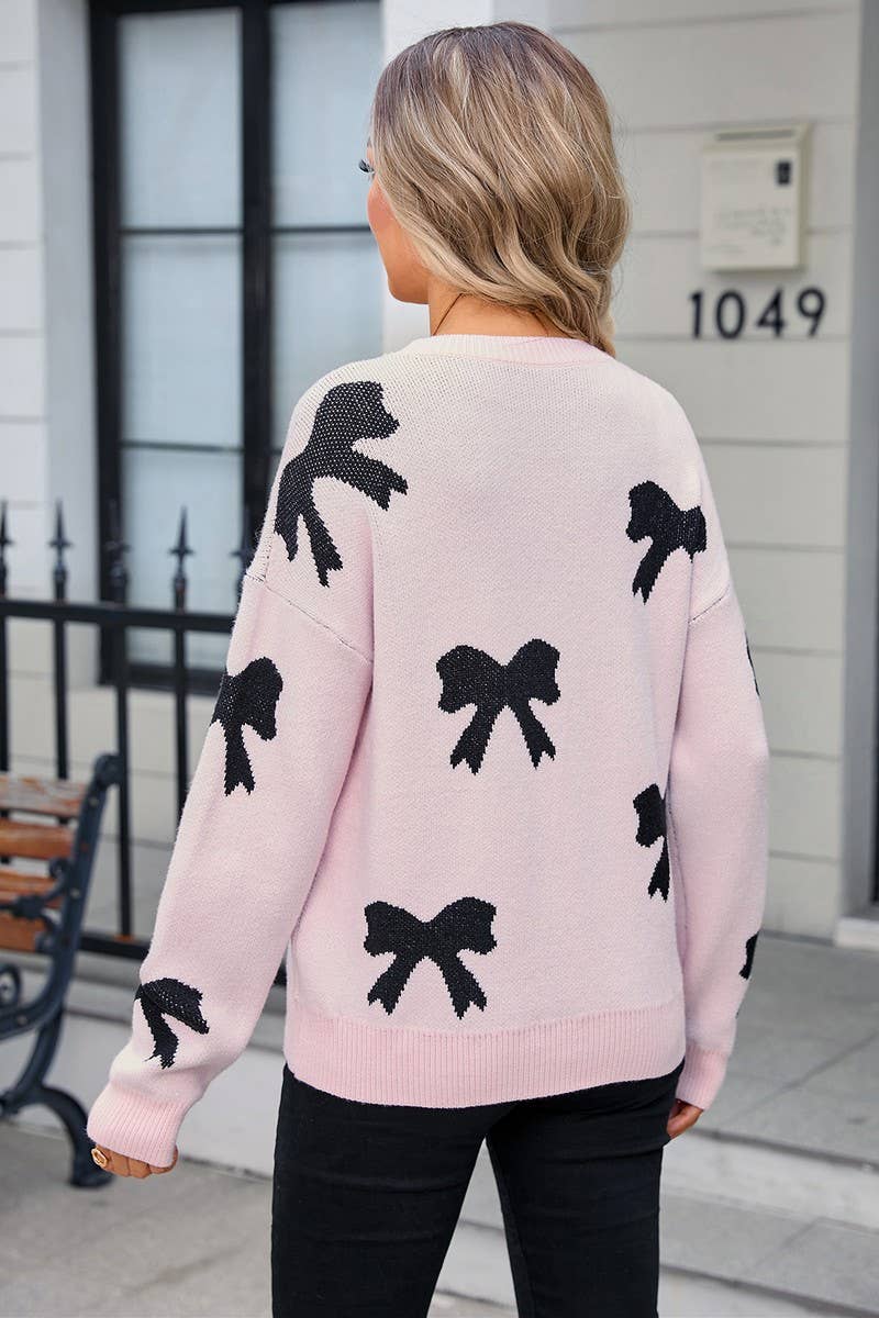 CWOSWL3097_BOW PRINT KNITTED LONG-SLEEVED SWEATER