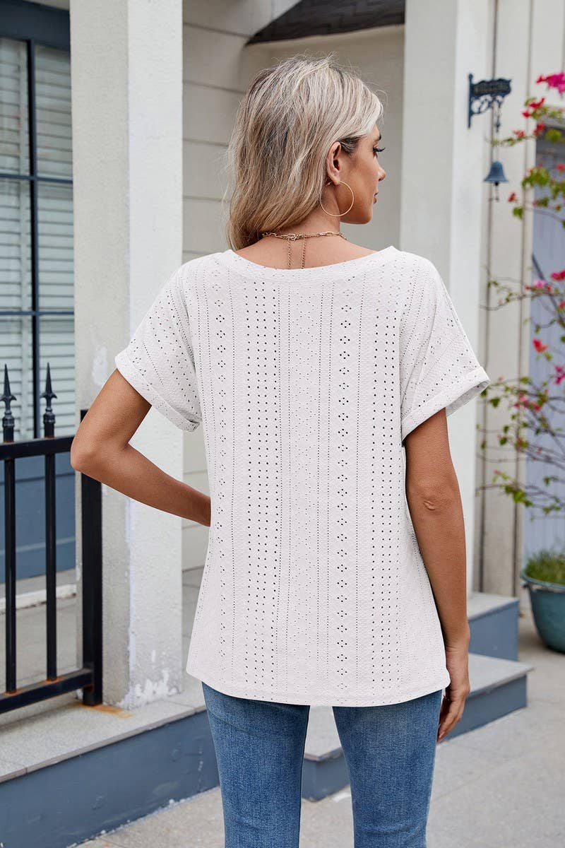 CWTBLS1735_HOLLOW ROUND NECK SHORT SLEEVE CASUAL T-SHIRT TOP