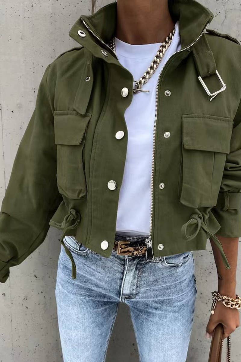 CWOCO1043_BUTTON ZIPPER POLO COLLAR PRINTED SHORT JACKET