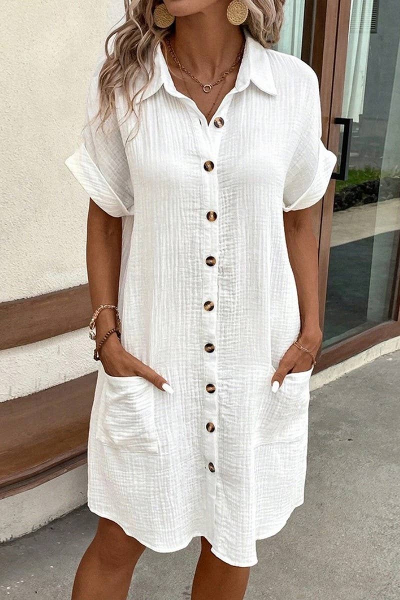 CWDSD10629_WOMEN'S SIMPLE V-NECK BUTTON SHIRT DRESS