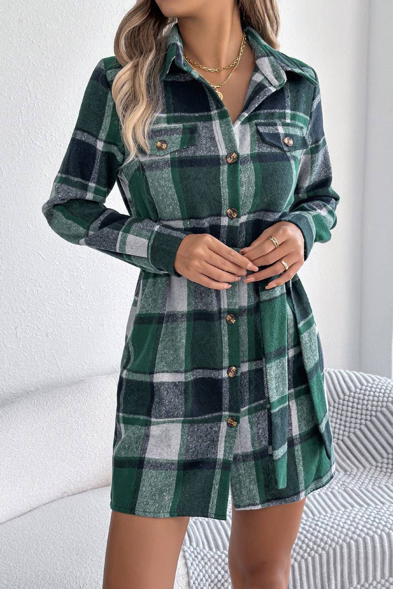 CWTDSL0124_CASUAL COLORBLOCK LONG SLEEVE PLAID SHIRT DRESS