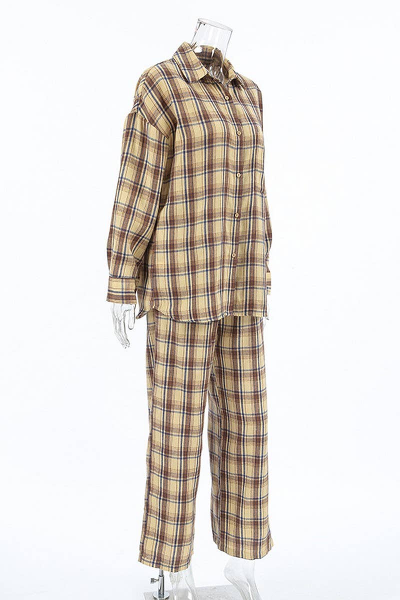 CWSPJ0212_PLAID CARDIGAN PAJAMAS TWO-PIECE HOME WEAR SET