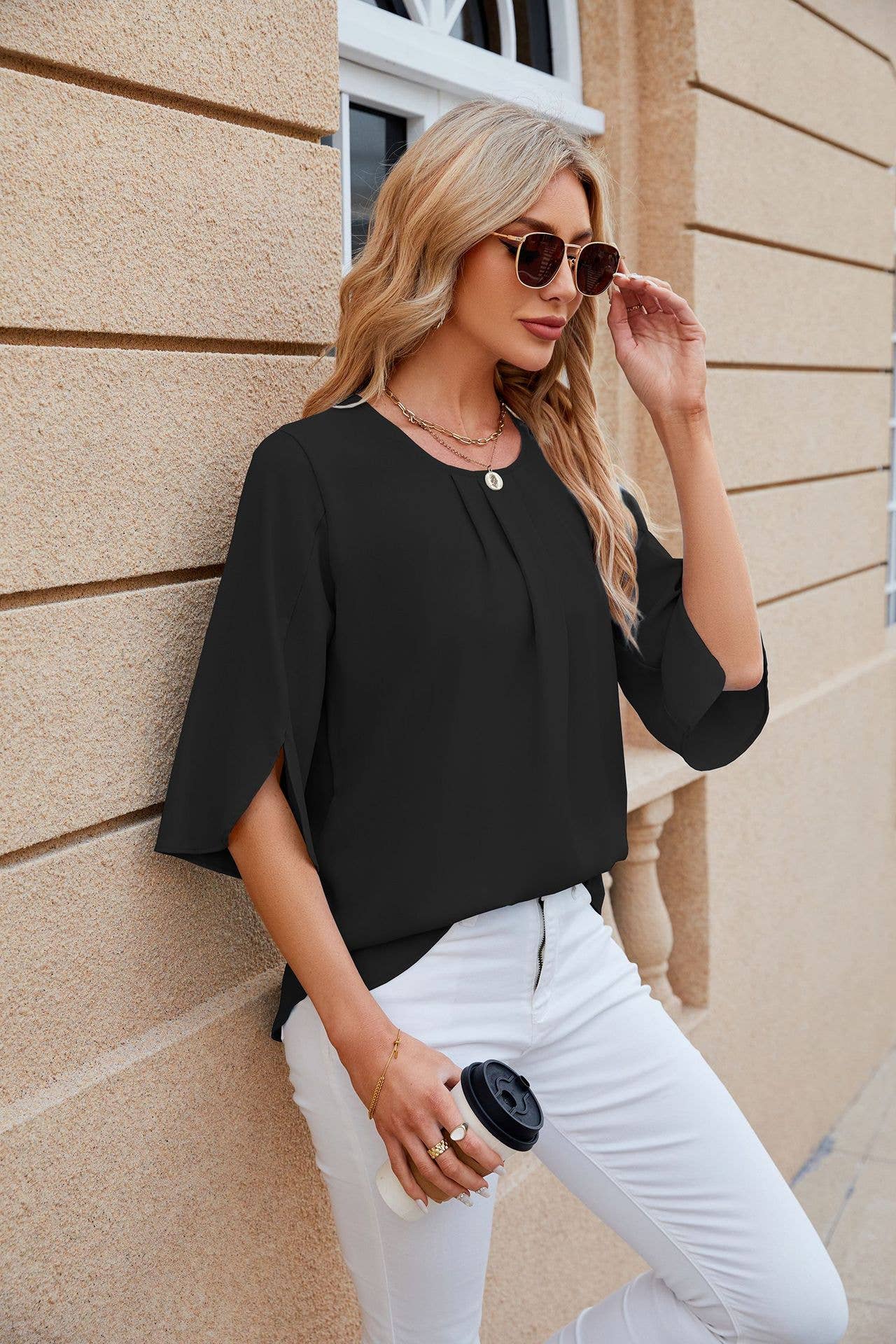 Crew-neck loose chiffon with five-quarter sleeves
