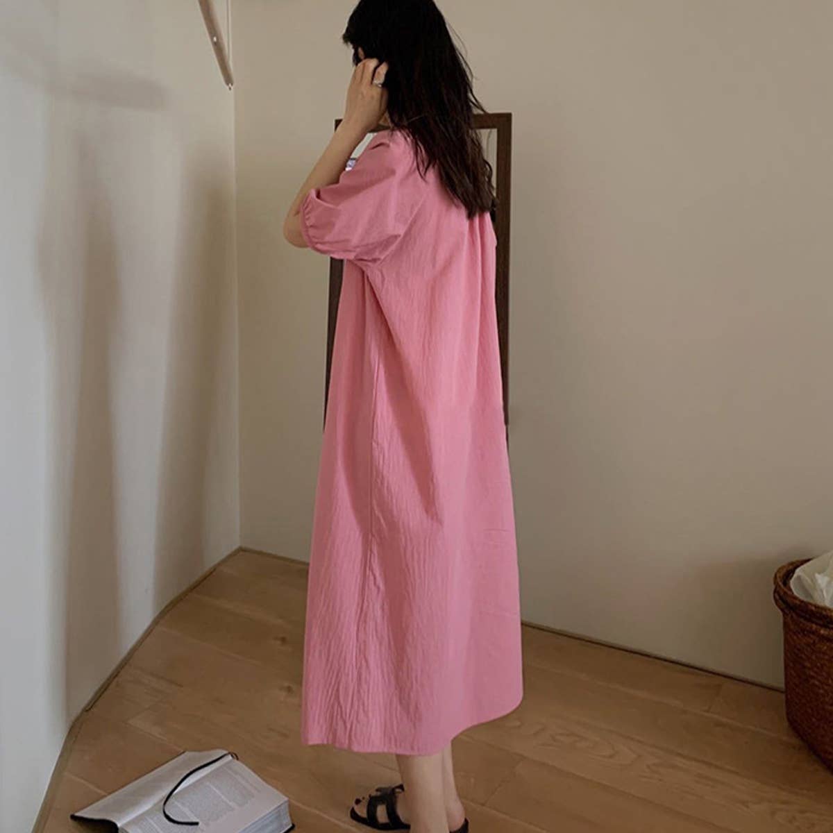 COTTON LACE DESIGN PUFFY SLEEVE DRESS