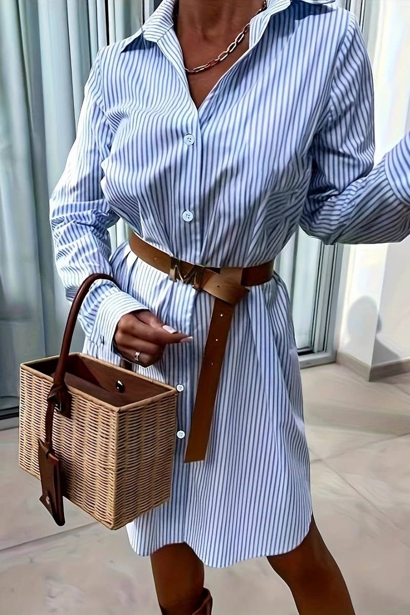 CWTBLL3878_AUTUMN AND WINTER LAPEL BUTTON STRIPED PLAID SHIR