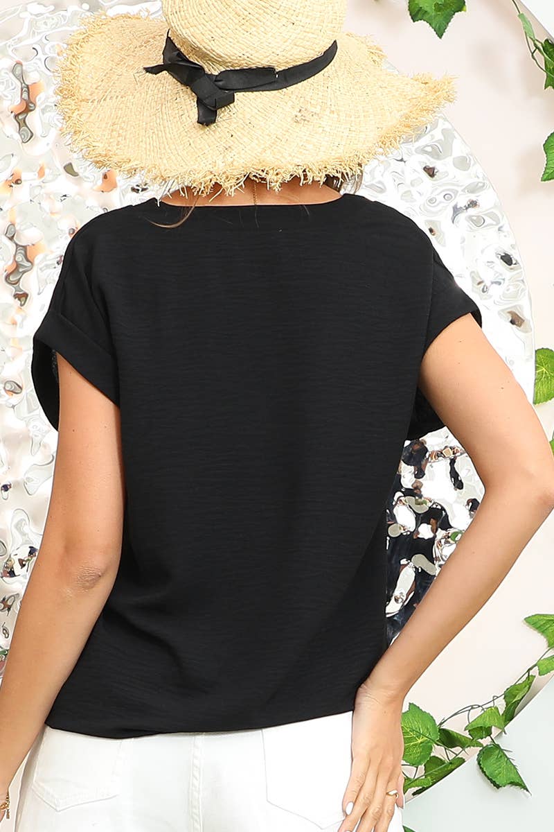 CWTBLS190_V-NECK TRIM ROLLED SHORT SLEEVE SHIRTS  BLOUSE TOP