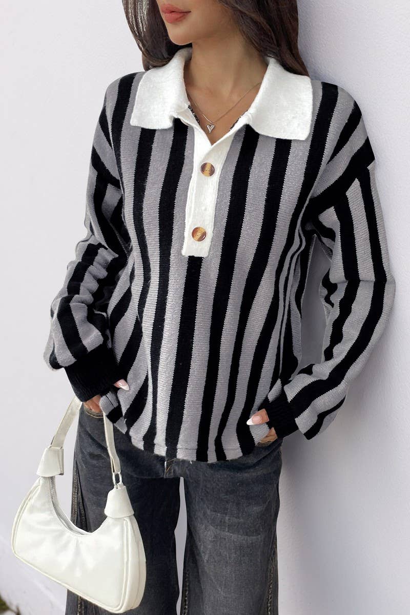 CWOSWL07129_VERTICAL STRIPED LAPEL KNITTED PULLOVER SWEATER