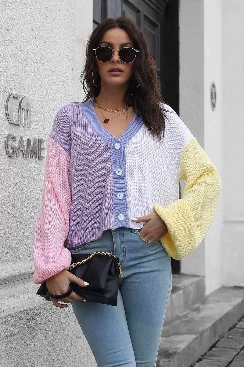 CWOCAL1225_CONTRAST COLOR LONG SLEEVE SHORT KNIT CARDIGAN