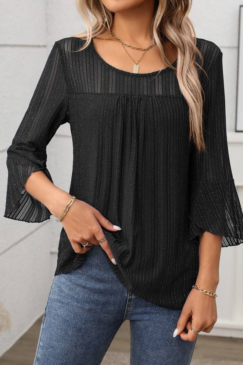 CWTBLL3696_ROUND NECK RUFFLE SLEEVE GLITTER MESH TOP