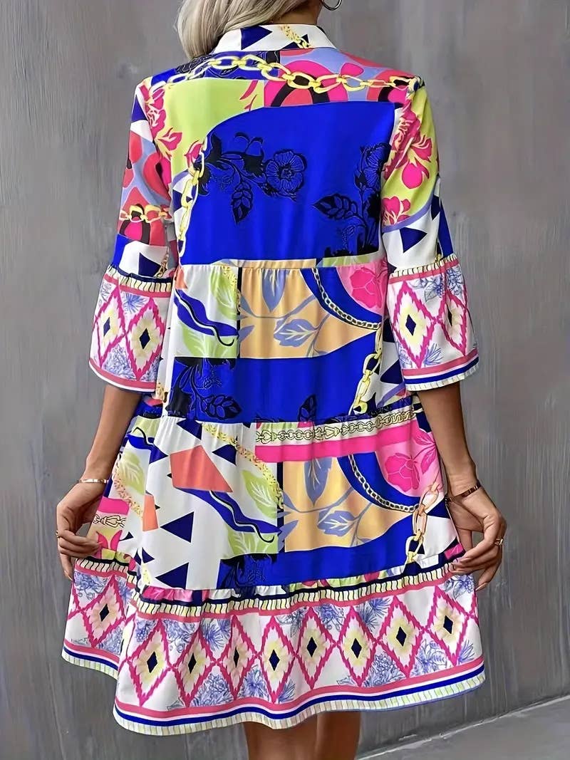 Abstract printed flared sleeve ruffled dress