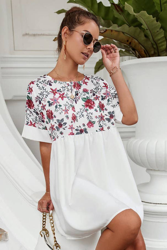 CREW NECK PRINT PATCHWORK LOOSE SHORT DRESS