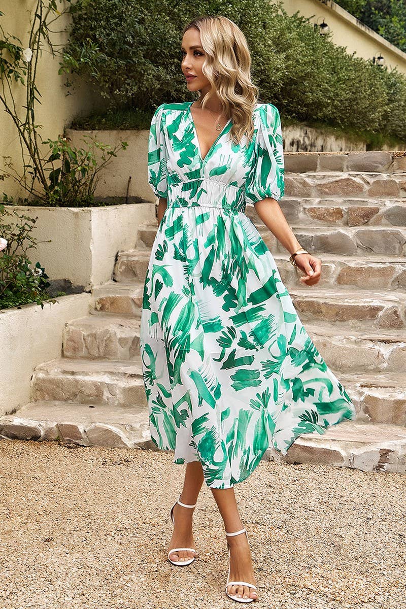 CWDMD0999_Deep V-Neck Short Sleeve Floral Print Dresses