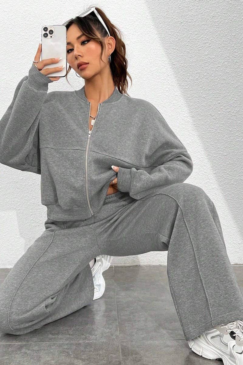 CWSS01302_CASUAL ZIPPER CARDIGAN AND TROUSERS TWO-PIECE SET